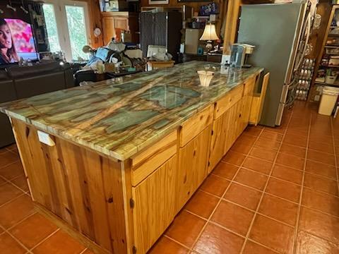 Custom kitchen island with live-edge countertop
